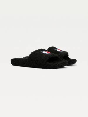 Black Tommy Hilfiger Tommy Badge Sherpa Slides Women's Sandals | TH159NSU