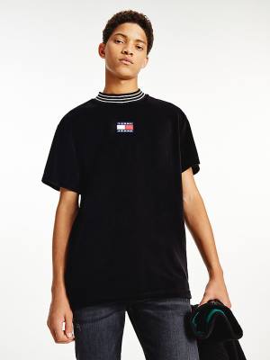 Black Tommy Hilfiger Tommy Badge Velour Relaxed Fit Men's T Shirts | TH437EVH