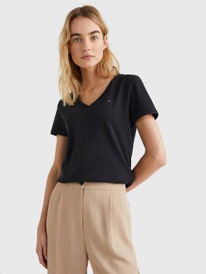 Black Tommy Hilfiger V-Neck Slim Fit Women's T Shirts | TH975EHG