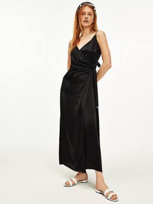 Black Tommy Hilfiger Viscose Satin Wrap Women's Dress | TH671YER