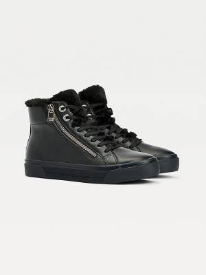 Black Tommy Hilfiger Warm Lined High-Top Vulcanised Women's Sneakers | TH524EPK