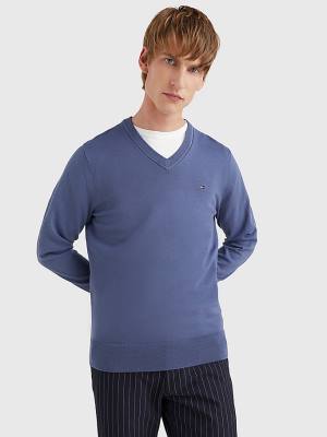 Blue Tommy Hilfiger 1985 Essential TH Flex V-Neck Jumper Men's Sweaters | TH207NOH