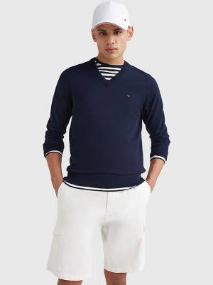 Blue Tommy Hilfiger 1985 Essential TH Flex V-Neck Jumper Men's Sweaters | TH597SAX