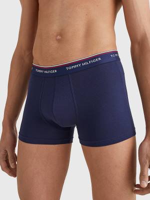 Blue Tommy Hilfiger 3-Pack Premium Logo Waistband Trunks Men's Underwear | TH705OMF