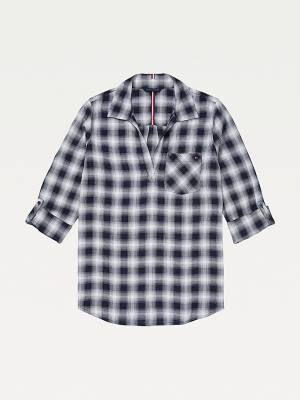 Blue Tommy Hilfiger Adaptive Plaid Popover Women's Shirts | TH952IRJ