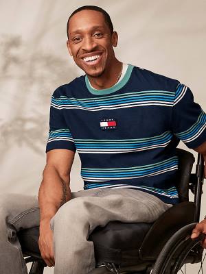 Blue Tommy Hilfiger Adaptive Seated Fit Stripe Badge Men's T Shirts | TH125TFJ