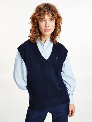 Blue Tommy Hilfiger Alpaca Relaxed V-Neck Short Sleeve Vest Women's Sweaters | TH470MOU