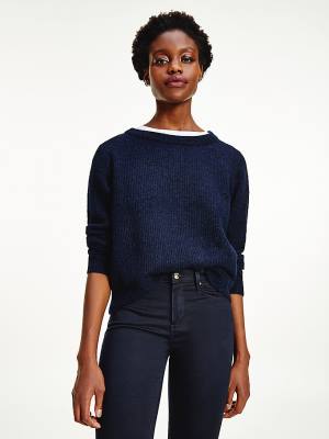 Blue Tommy Hilfiger Alpaca Wool Wide Neck Relaxed Jumper Women's Sweaters | TH596TBO