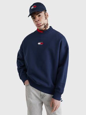 Blue Tommy Hilfiger Badge Crew Neck Men's Sweatshirts | TH768UDE