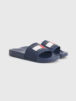 Blue Tommy Hilfiger Badge Pool Slides Men's Sandals | TH713MBO