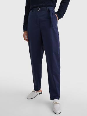 Blue Tommy Hilfiger Belted Waist Tapered Leg Chinos Women's Pants | TH142PVH