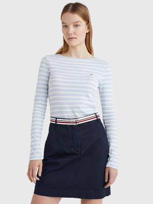 Blue Tommy Hilfiger Boat Neck Long Sleeve Skinny Women's T Shirts | TH714IPV