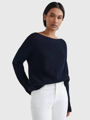 Blue Tommy Hilfiger Boat Neck Relaxed Fit Jumper Women's Sweaters | TH047EHB