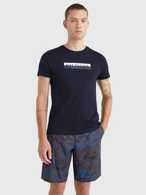 Blue Tommy Hilfiger Camo Graphic Logo Men's T Shirts | TH198WMS