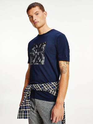 Blue Tommy Hilfiger Camo Graphic Relaxed Fit Men's T Shirts | TH642KDO