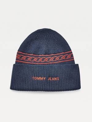 Blue Tommy Hilfiger Chain Link Knit Beanie Women's Hats | TH046OSP