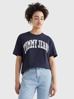 Blue Tommy Hilfiger College Boyfriend Fit Women's T Shirts | TH293BLI