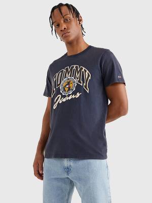 Blue Tommy Hilfiger College Logo Men's T Shirts | TH354NWQ