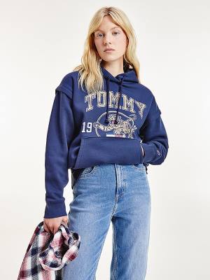 Blue Tommy Hilfiger College Tiger Logo Relaxed Women's Hoodie | TH430TBG