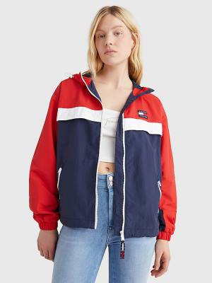 Blue Tommy Hilfiger Colour-Blocked Chicago Windbreaker Women's Jackets | TH745KVH