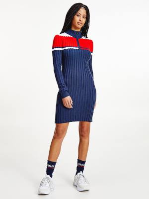 Blue Tommy Hilfiger Colour-Blocked Half-Zip Jumper Women's Dress | TH718YAJ