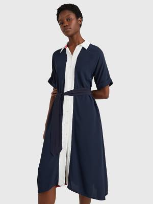 Blue Tommy Hilfiger Colour-Blocked Midi Shirt Women's Dress | TH680QKL