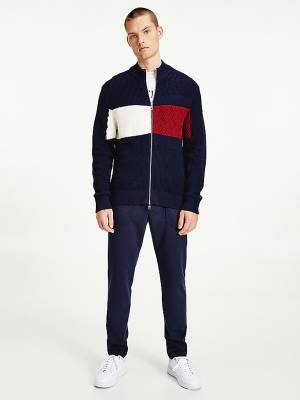 Blue Tommy Hilfiger Colour-Blocked Zip-Thru Stripe Cardigan Men's Sweaters | TH084RBU