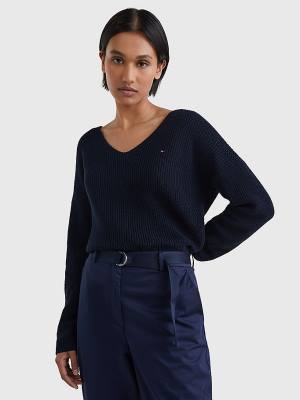 Blue Tommy Hilfiger Contrast Knit Relaxed Fit V-Neck Jumper Women's Sweaters | TH478YHC