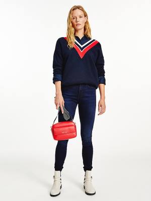 Blue Tommy Hilfiger Contrast V-Neck Relaxed Fit Jumper Women's Sweaters | TH274OJH