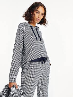 Blue Tommy Hilfiger Cotton Houndstooth Jacquard Regular Fit Women's Hoodie | TH785PIW