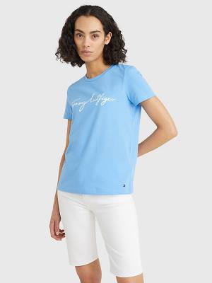 Blue Tommy Hilfiger Crew Neck Graphic Signature Logo Women's T Shirts | TH094YMZ