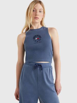 Blue Tommy Hilfiger Cropped Logo Tank Top Women's T Shirts | TH694PNI