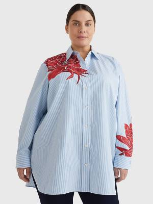 Blue Tommy Hilfiger Curve Floral Print Stripe Boyfriend Women's Shirts | TH784YVG