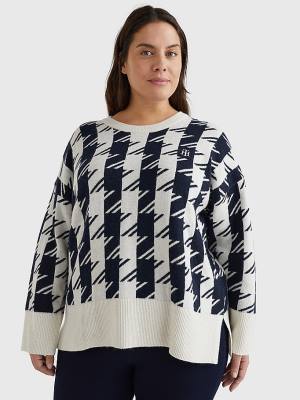 Blue Tommy Hilfiger Curve Houndstooth Relaxed Crew Neck Vest Women's Sweaters | TH276FIT