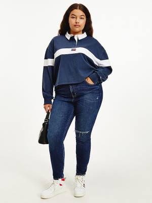 Blue Tommy Hilfiger Curve Long Sleeve Stripe Rugby Shirt Women's Polo Shirts | TH925OFB