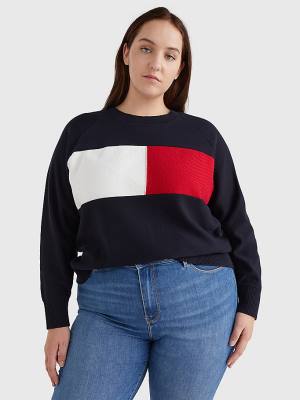 Blue Tommy Hilfiger Curve Long-Sleeved Crew Neck Sweatshirt Women's Sweaters | TH810WES