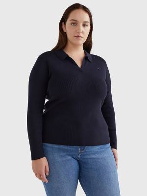 Blue Tommy Hilfiger Curve Organic Cotton Slim Fit Polo Jumper Women's Sweaters | TH486UWO