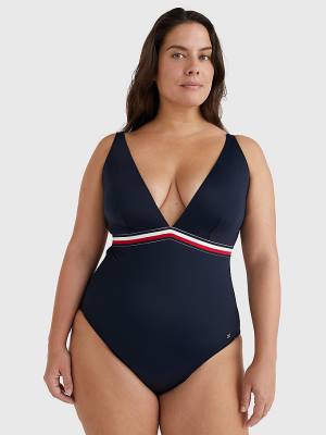 Blue Tommy Hilfiger Curve Signature Tape One Piecesuit Women's Swimwear | TH956DQF