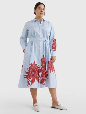 Blue Tommy Hilfiger Curve Stripe Floral Print Midi Shirt Women's Dress | TH249ZUD