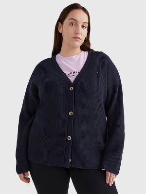 Blue Tommy Hilfiger Curve V-Neck Relaxed Fit Rib Knit Cardigan Women's Sweaters | TH285DWG