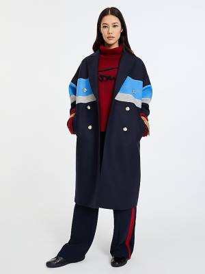 Blue Tommy Hilfiger Double Breasted Stripe Wool Blend Women's Coats | TH873TFL