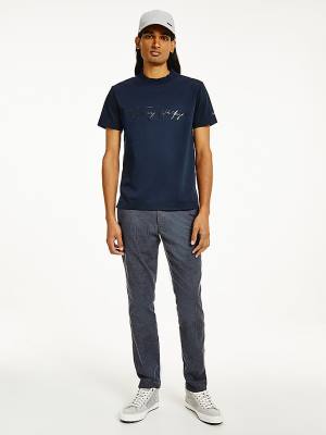 Blue Tommy Hilfiger Elevated Signature Organic Cotton Men's T Shirts | TH213QXP