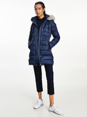 Blue Tommy Hilfiger Essential Down-Filled Faux Fur Trim Coat Women's Jackets | TH387DQE