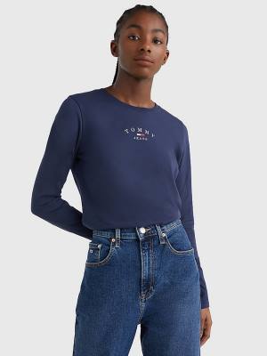 Blue Tommy Hilfiger Essential Logo Slim Fit Long Sleeve Women's T Shirts | TH021ORW