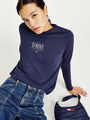 Blue Tommy Hilfiger Essential Long Sleeve Logo Women's T Shirts | TH706KTX