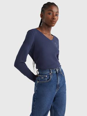 Blue Tommy Hilfiger Essential V-Neck Long Sleeve Women's T Shirts | TH048LJU