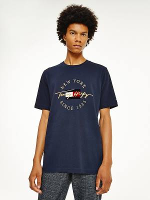 Blue Tommy Hilfiger Exclusive Icons Organic Cotton Men's T Shirts | TH924MCG