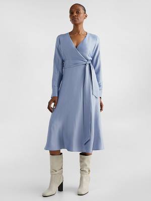 Blue Tommy Hilfiger Exclusive Satin Wrap Midi Women's Dress | TH589BGF