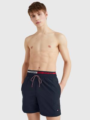 Blue Tommy Hilfiger Flag Mid Length Drawstring Shorts Men's Swimwear | TH097VKG