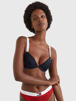 Blue Tommy Hilfiger Floral Lace Logo Strap Push-Up Bra Women's Underwear | TH582VPK